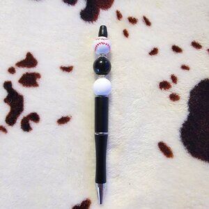 Baseball Black Custom Made Rhinestone Wood Beaded Ink Pen